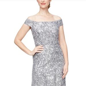 Alex Evenings Silver Off-Shoulder Sequin Lace Maxi Dress